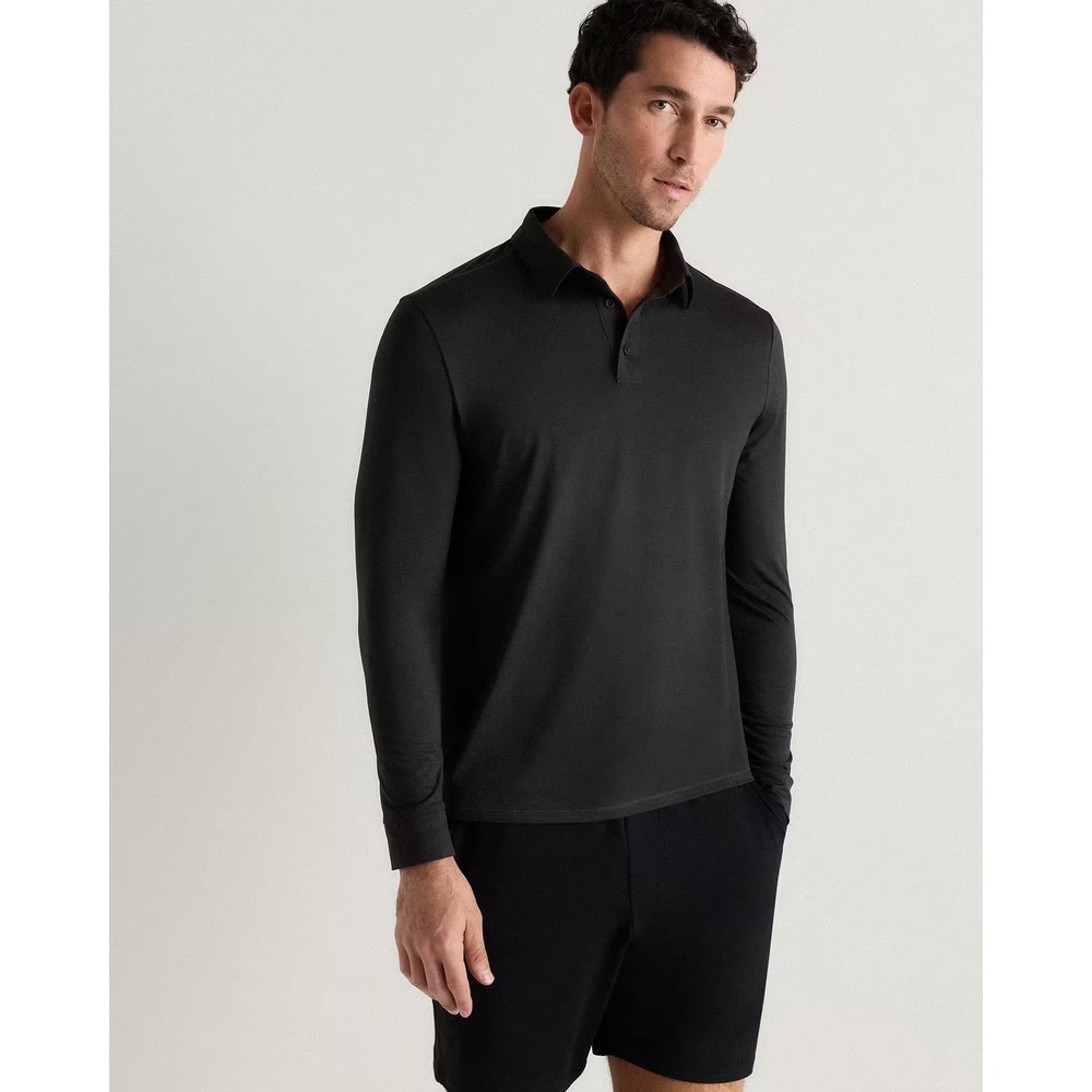 Quince Flowknit Breeze Performance LongSleeve Polo Heather Black Large New W Tag